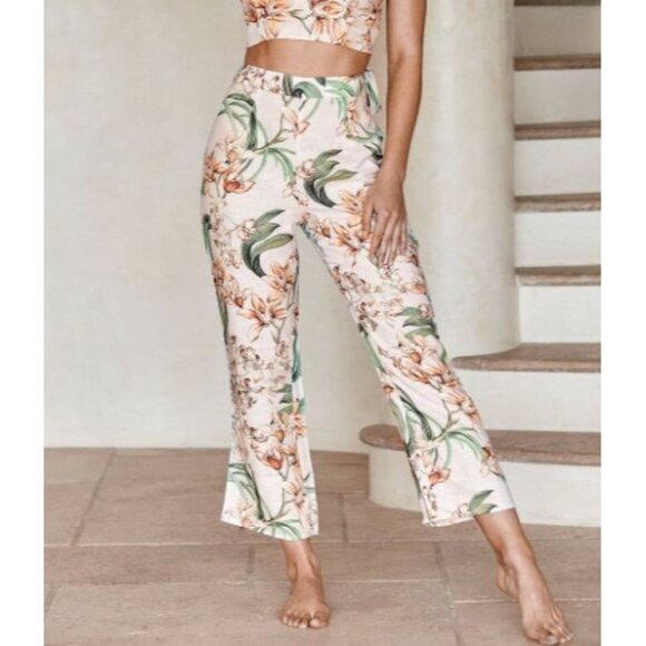 MONDAY Swimwear Peach Floral Linen High Rise Cropped Hampton Pant L - Picture 1 of 8